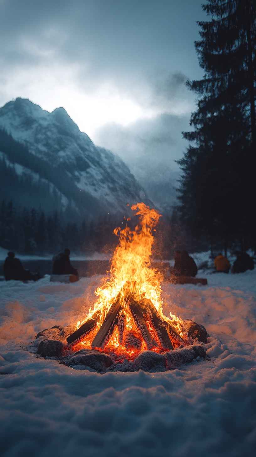 8K Winter Bonfire Wallpaper: Snowy Mountain iPhone Background