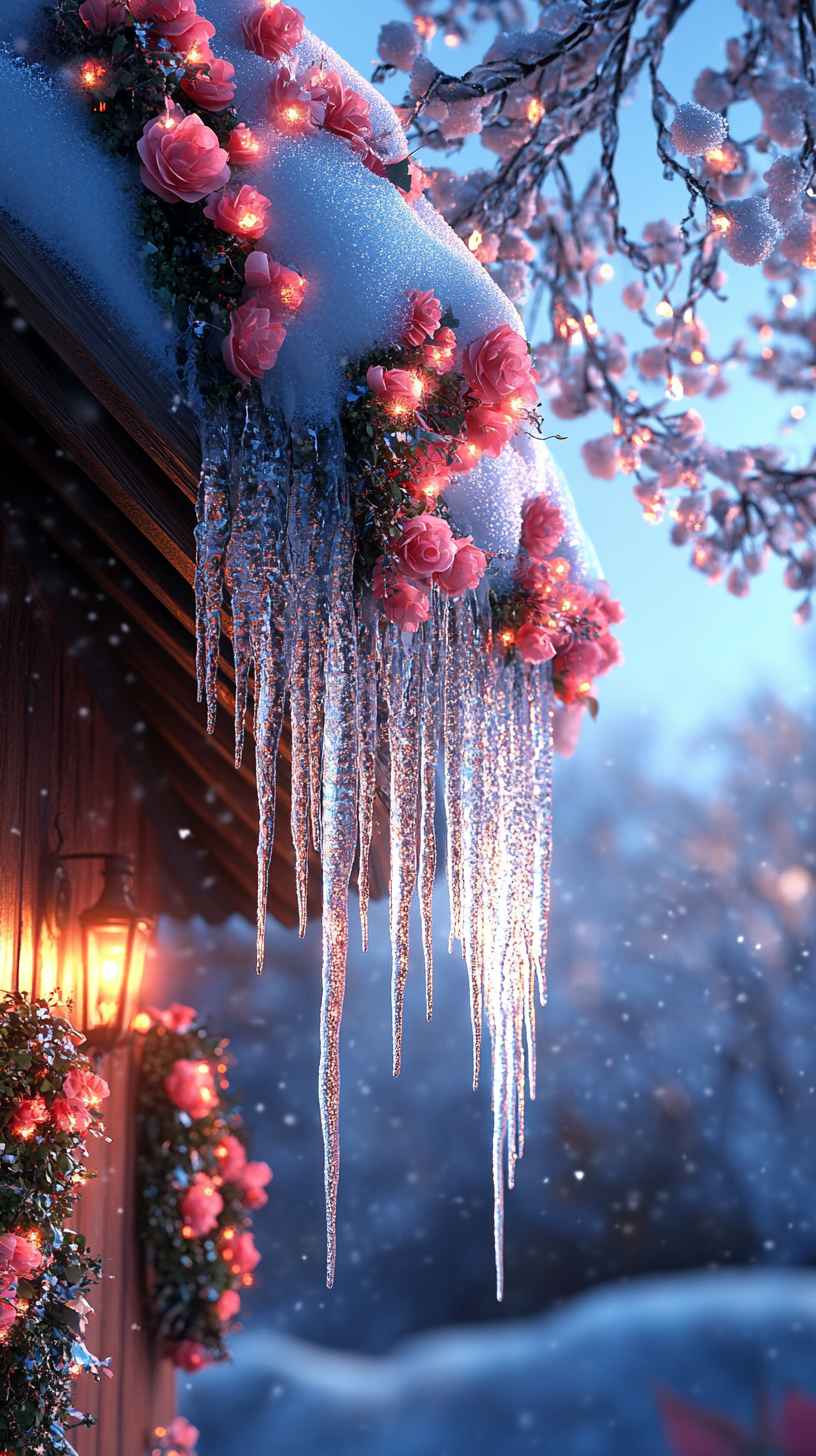 8K Winter Wonderland Mobile Wallpaper: Icy Icicles & Pink Roses