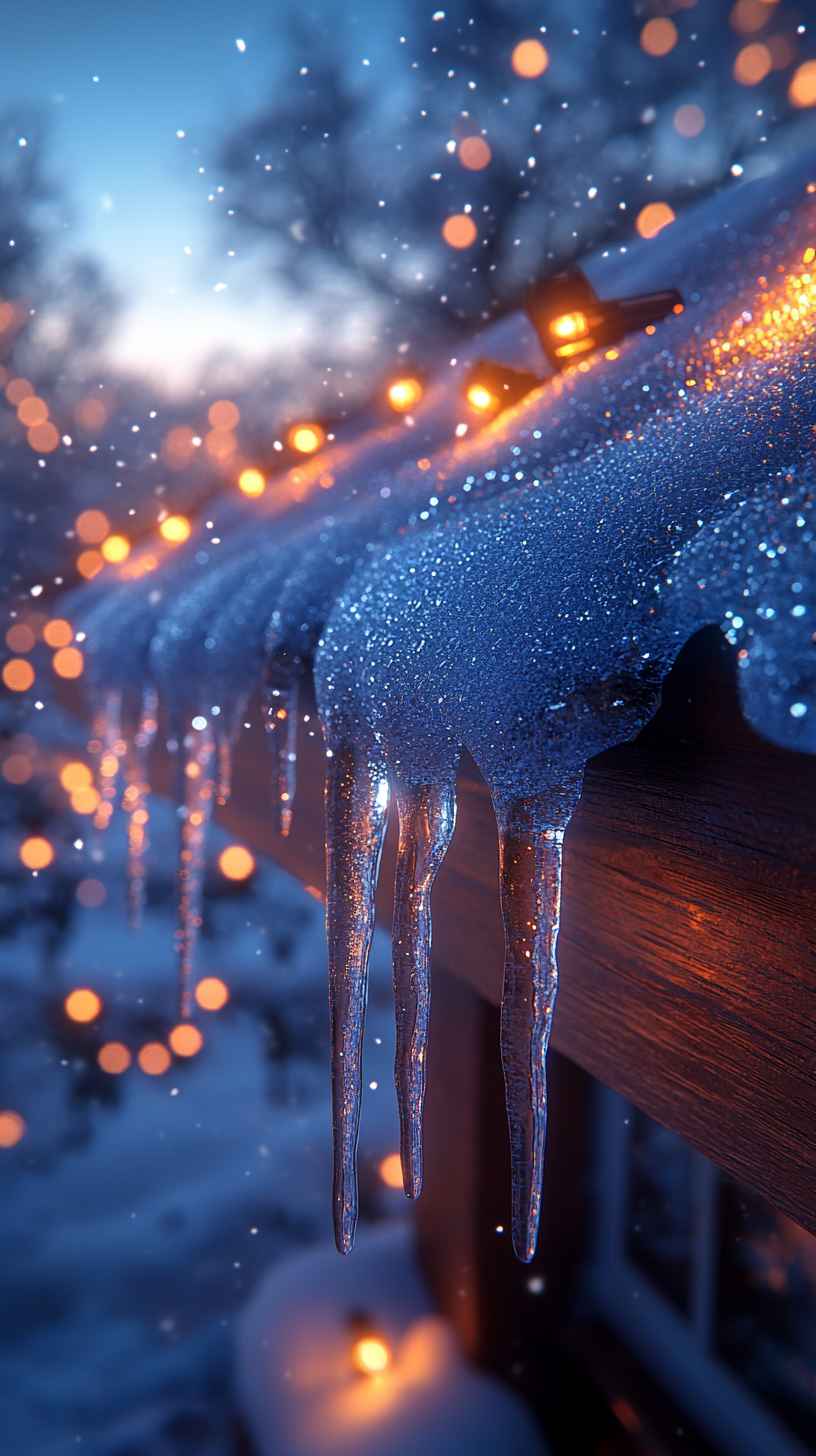 8K Icicles Winter Night Mobile Wallpaper: Icy Roof, 4K iPhone Background