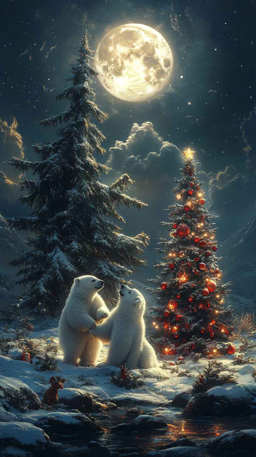 8K Polar Bear Christmas Mobile Wallpaper: Festive Winter Scene