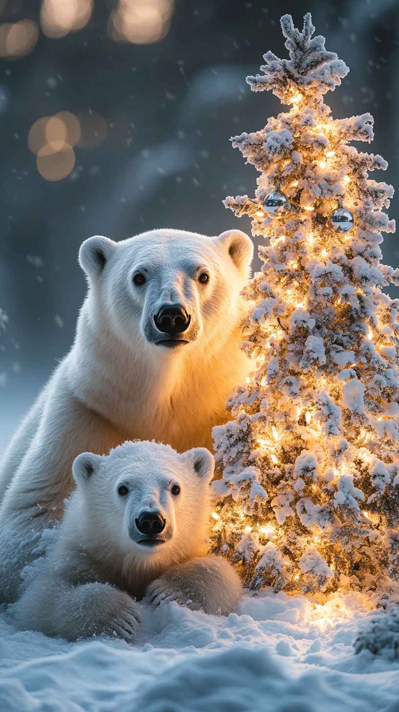 8K Polar Bears Christmas Tree Mobile Wallpaper: Festive Winter iPhone Background