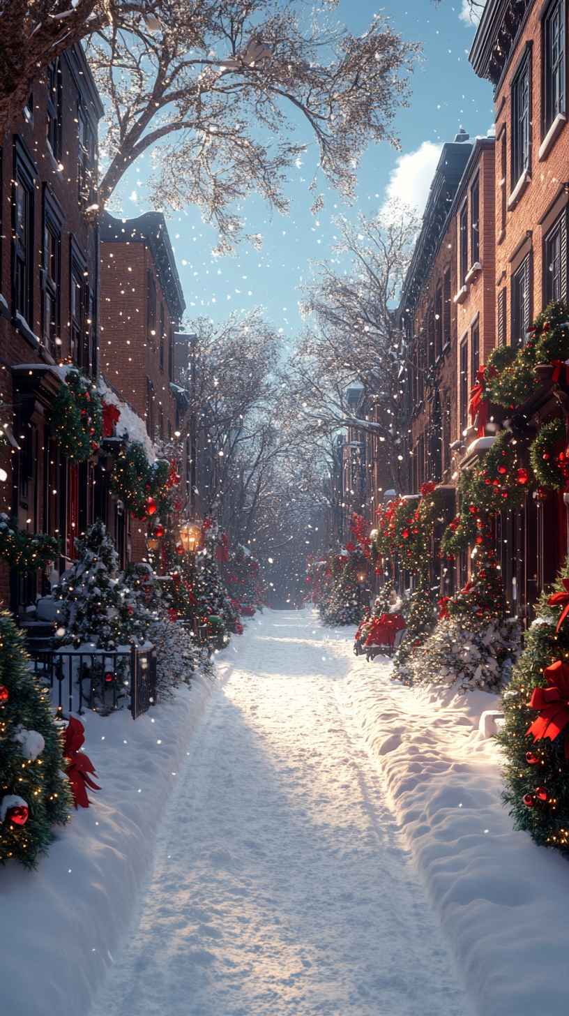 Snowy Christmas Street 8K Wallpaper: Winter Holiday iPhone Background