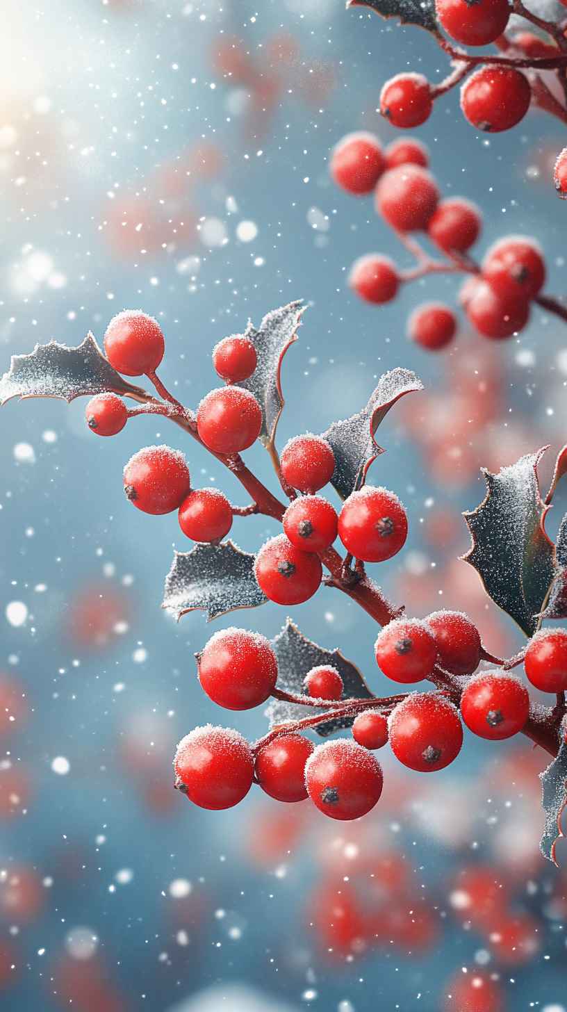 8K Winter Holly Berries Mobile Wallpaper: iPhone, 4K, Christmas Background