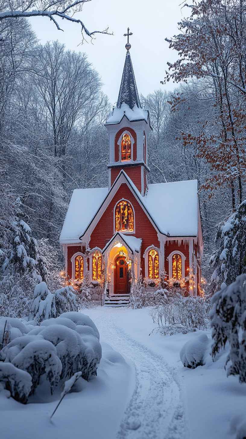 8K Winter Wonderland Church: Mobile & iPhone Wallpaper