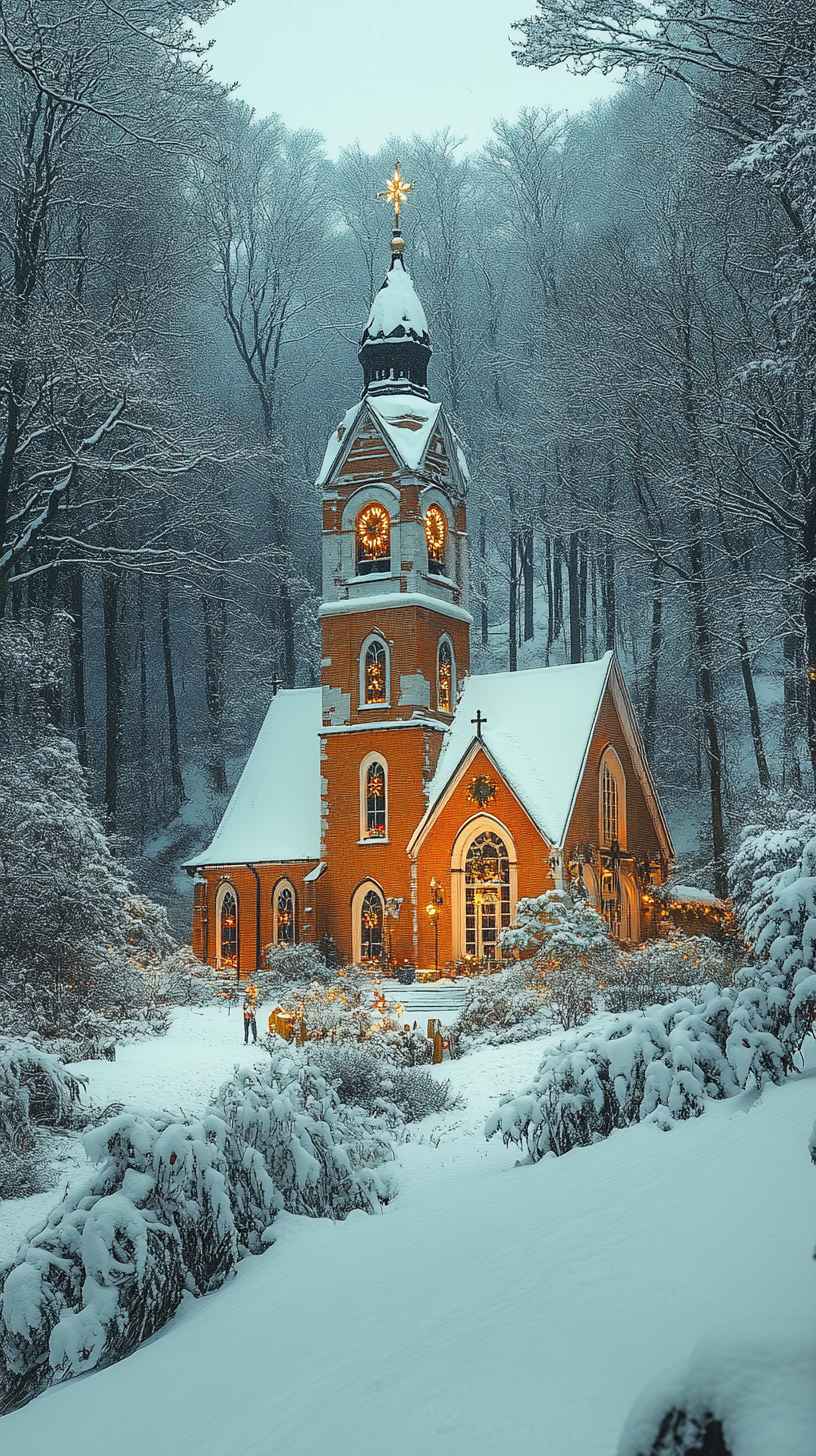 8K Winter Church Mobile Wallpaper: Snowy Christmas Eve Scene