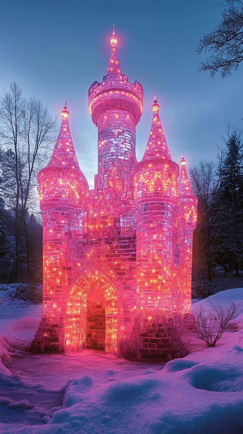 Pink Ice Castle 8K Mobile Wallpaper: Winter Wonderland iPhone Background