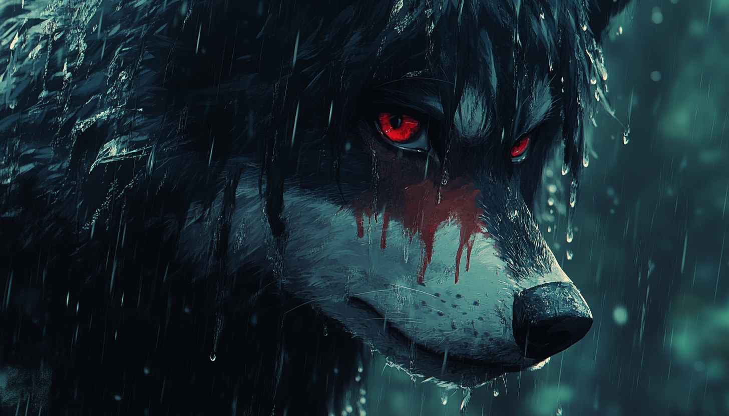 Wolf Wallpaper: Fierce Red Eyes, Rainy Scene, Animal Art