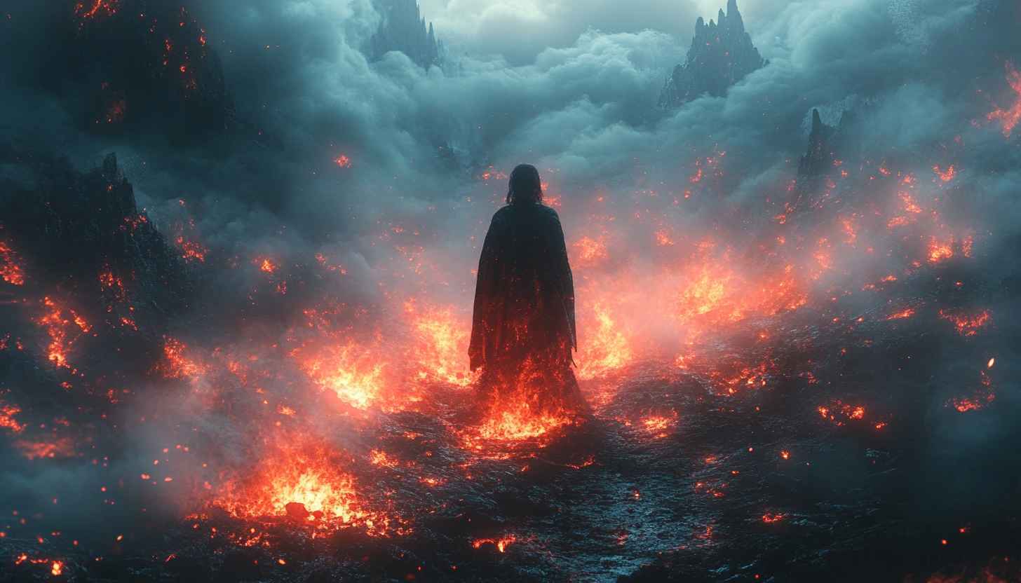 Epic Fantasy Fire Wallpaper: Figure in Flames, Dark Aesthetic Scene