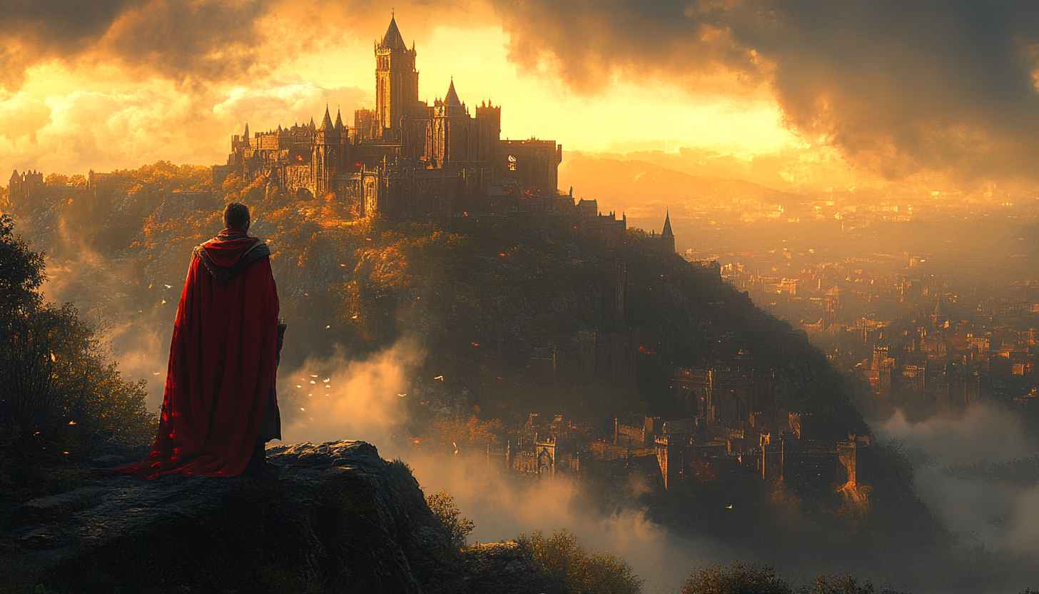 Fantasy Castle Wallpaper: Medieval Kingdom, Epic Landscape, Red Cloak