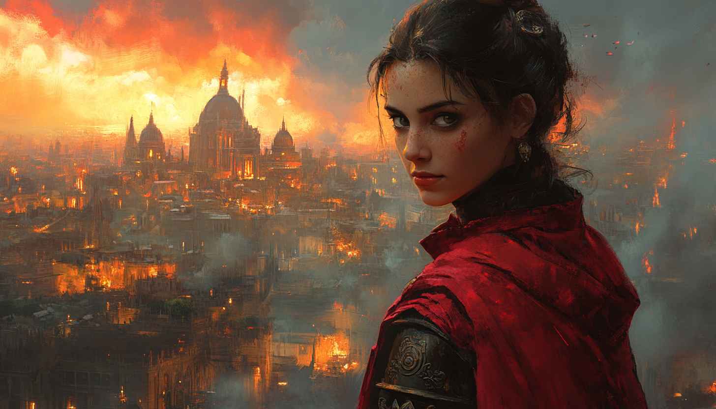Fantasy Warrior Woman Wallpaper, Burning Cityscape Digital Art