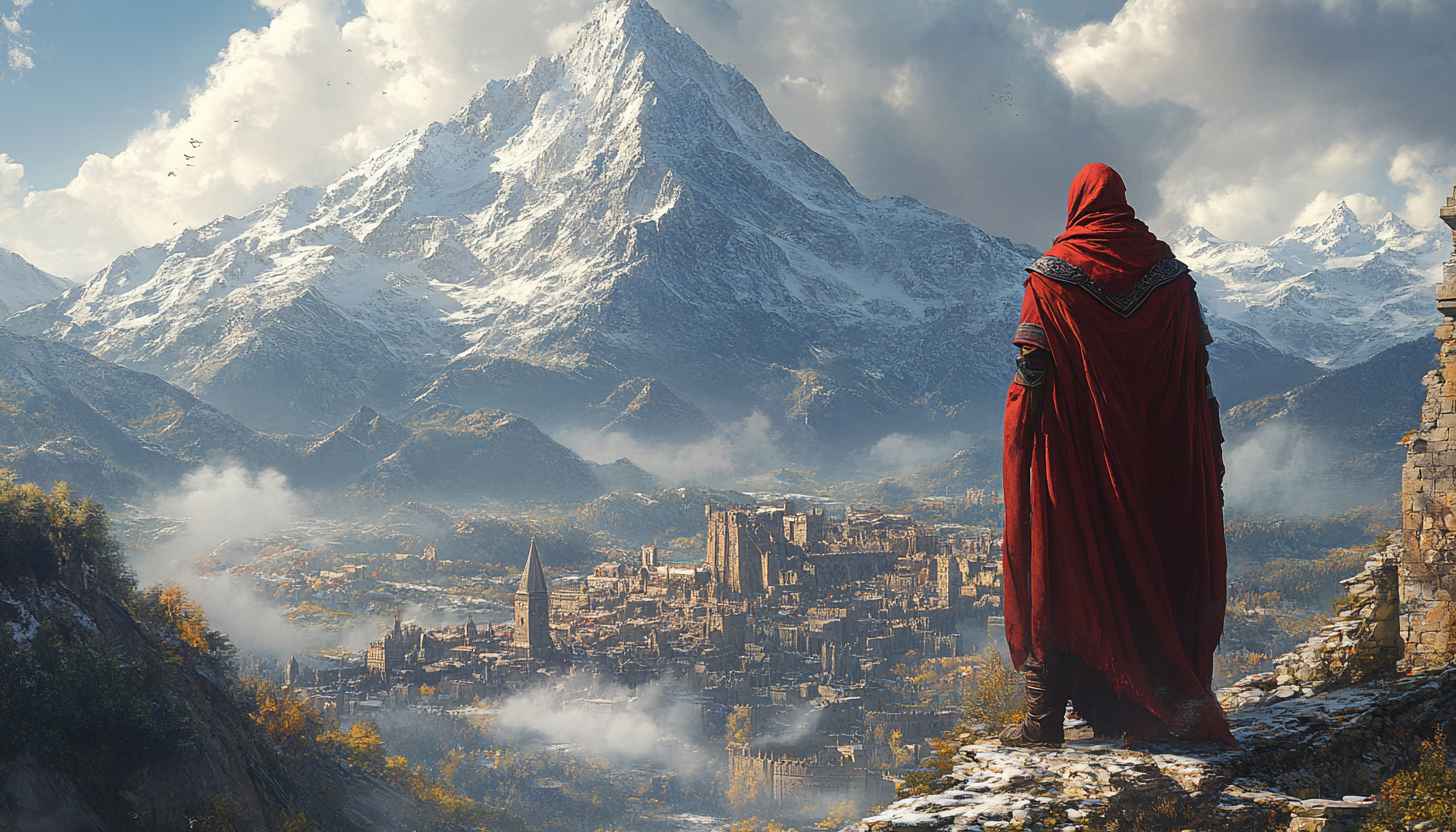 Mountains Wallpaper, Red Cloak, Fantasy City View, Adventure Wallpaper
