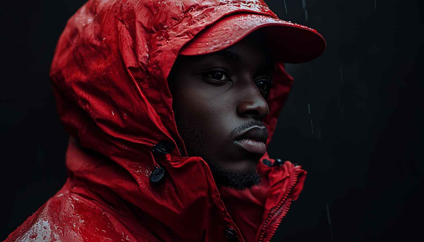 Man in Red Raincoat Wallpaper, Portrait, Fashion, Dark Theme