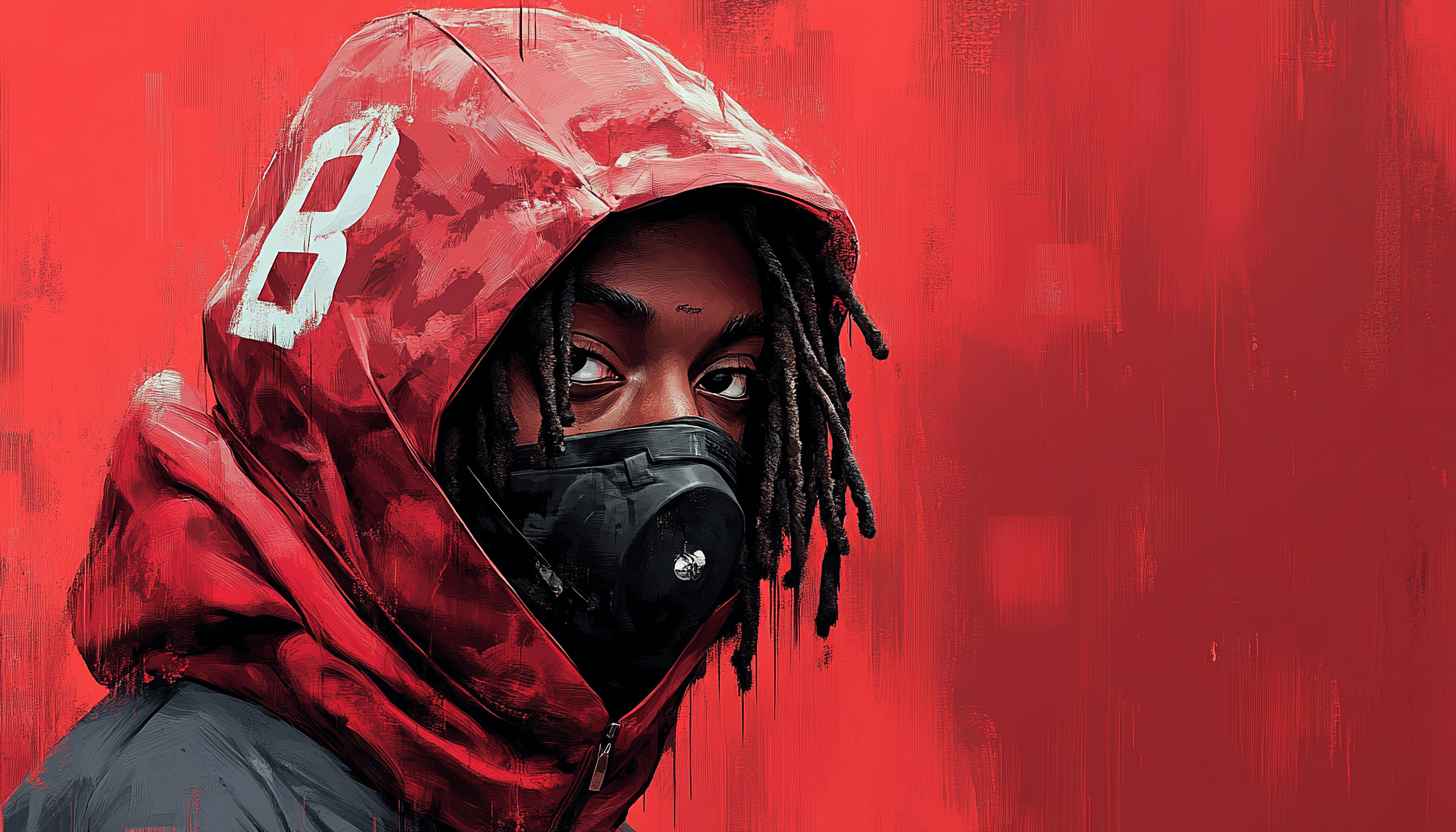 Urban Portrait Wallpaper: Masked Man with Dreadlocks in Red Hoodie
