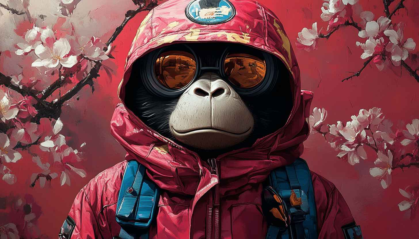 Chimpanzee in Hoodie Wallpaper: Artistic Animal Portrait with Cherry Blossoms
