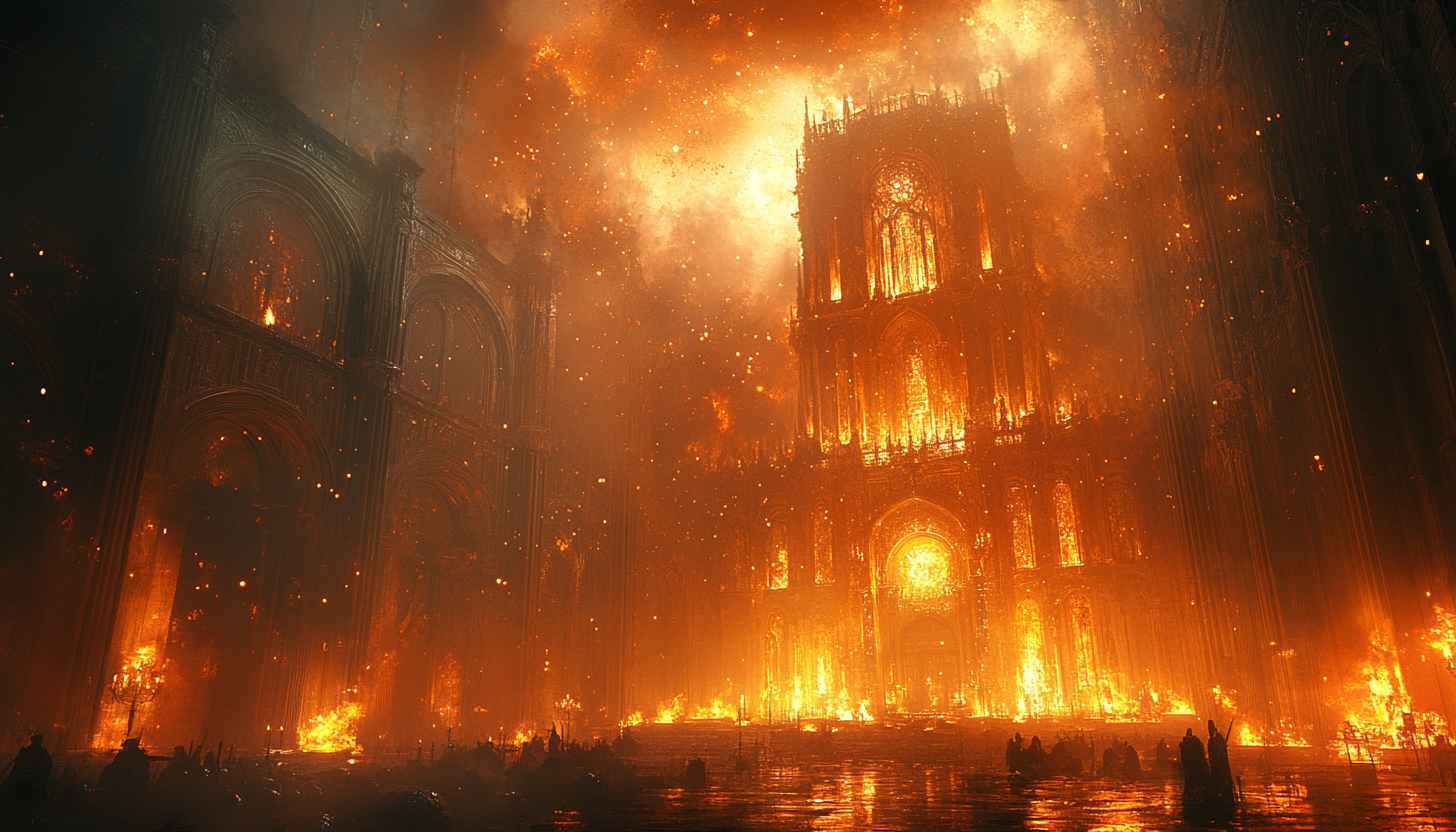 Fiery Cathedral Wallpaper: Gothic Architecture, Burning, Apocalypse Background