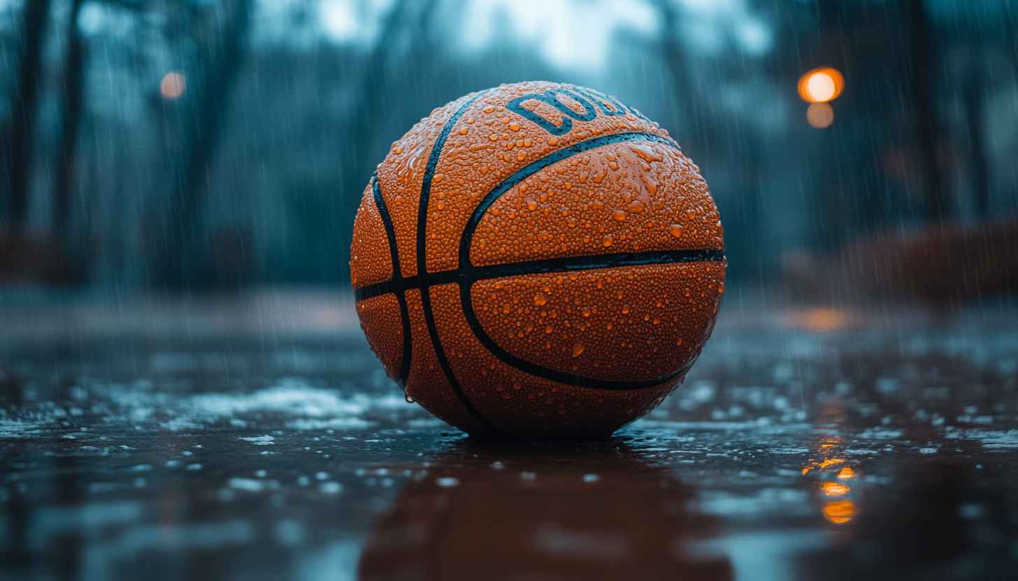 Basketball Wallpaper: Rainy Day Sports, Wet Ball Aesthetic, Dark Theme