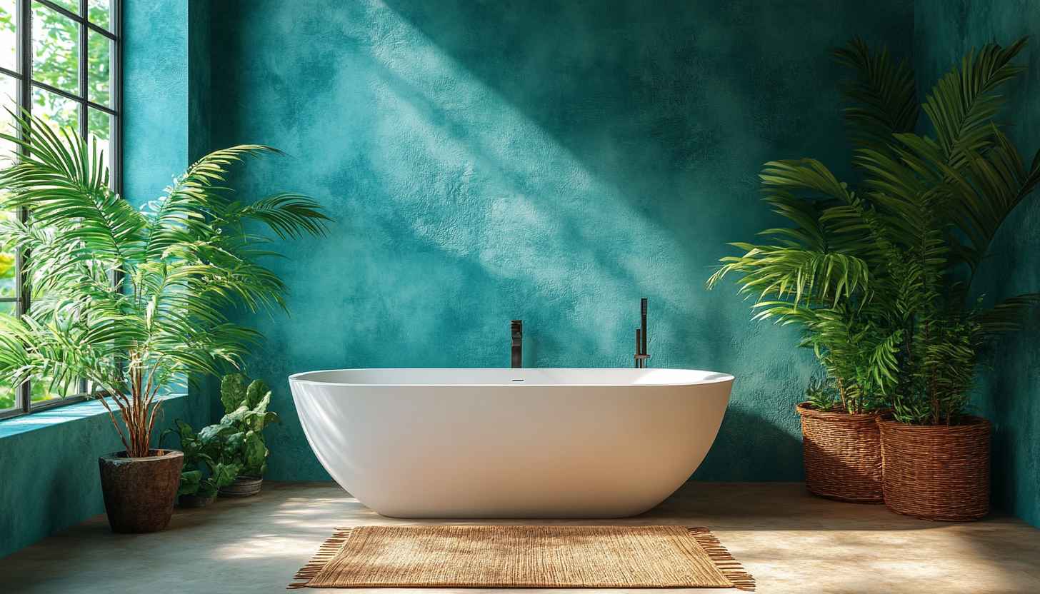 Turquoise Bathroom Wallpaper with White Bathtub and Plants