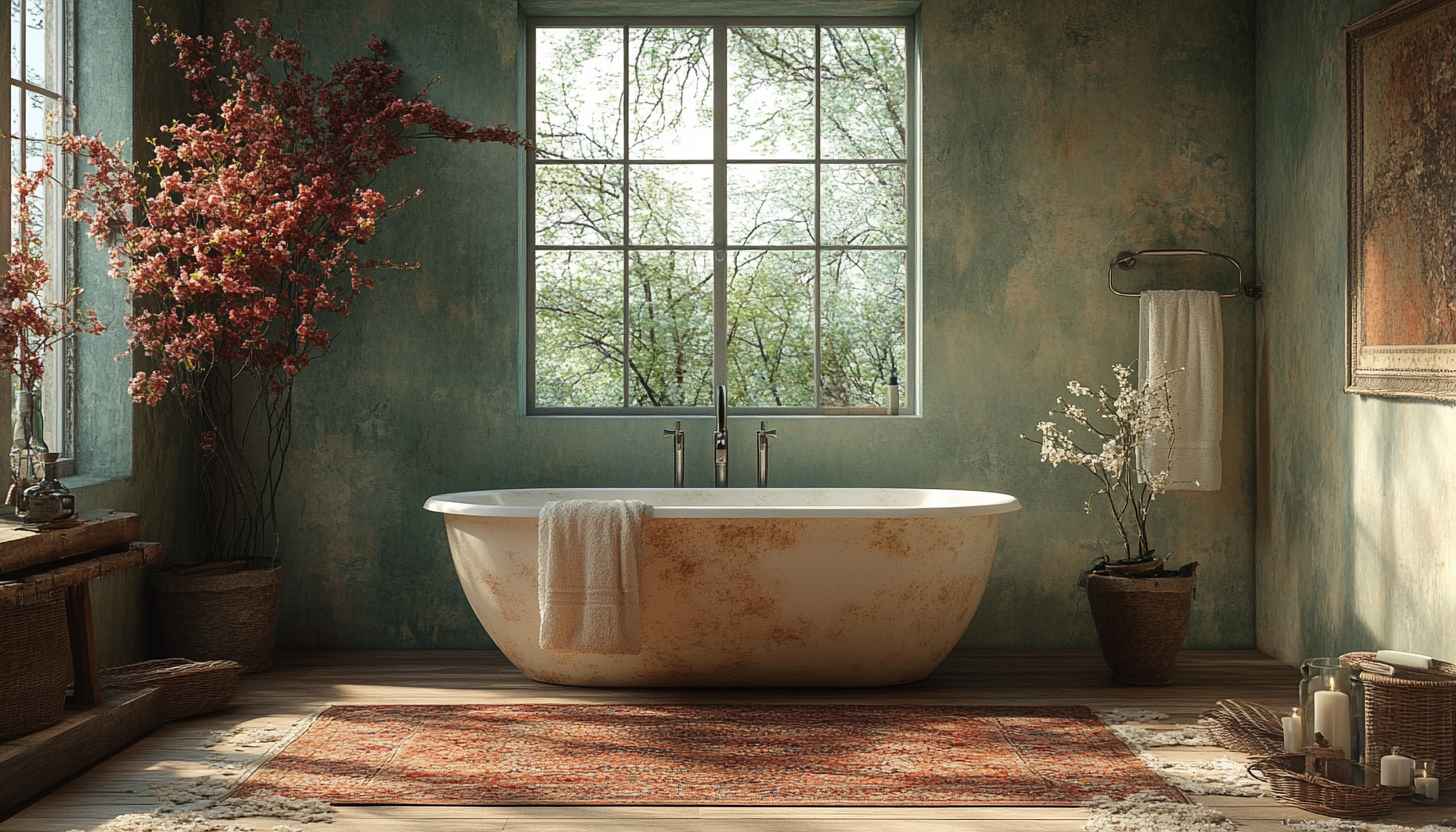 Bathroom Wallpaper: Rustic Bathtub, Plants, Window View, Home Decor
