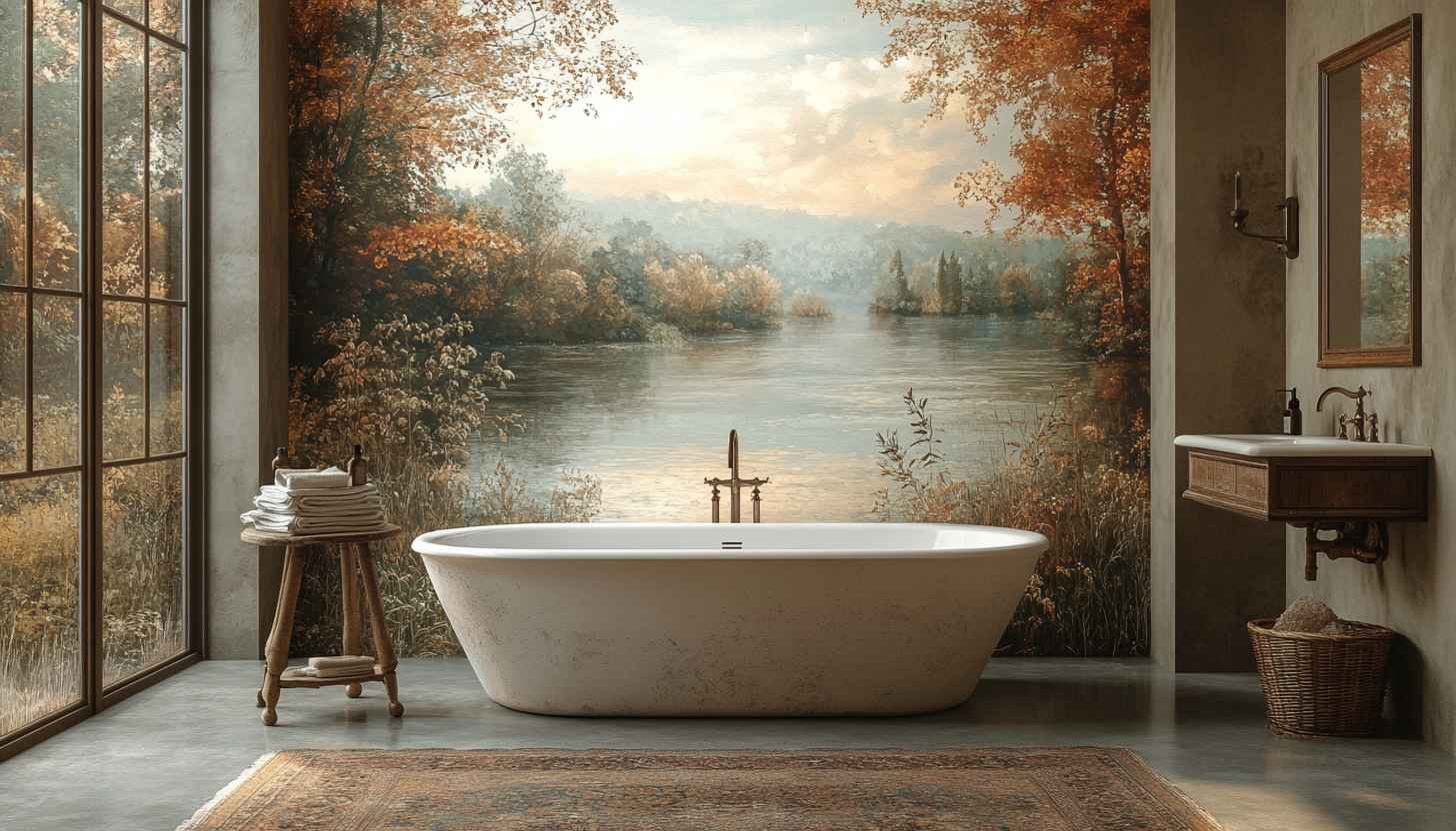 Autumn Lake View Bathroom Wallpaper, Nature Scenery, River Landscape