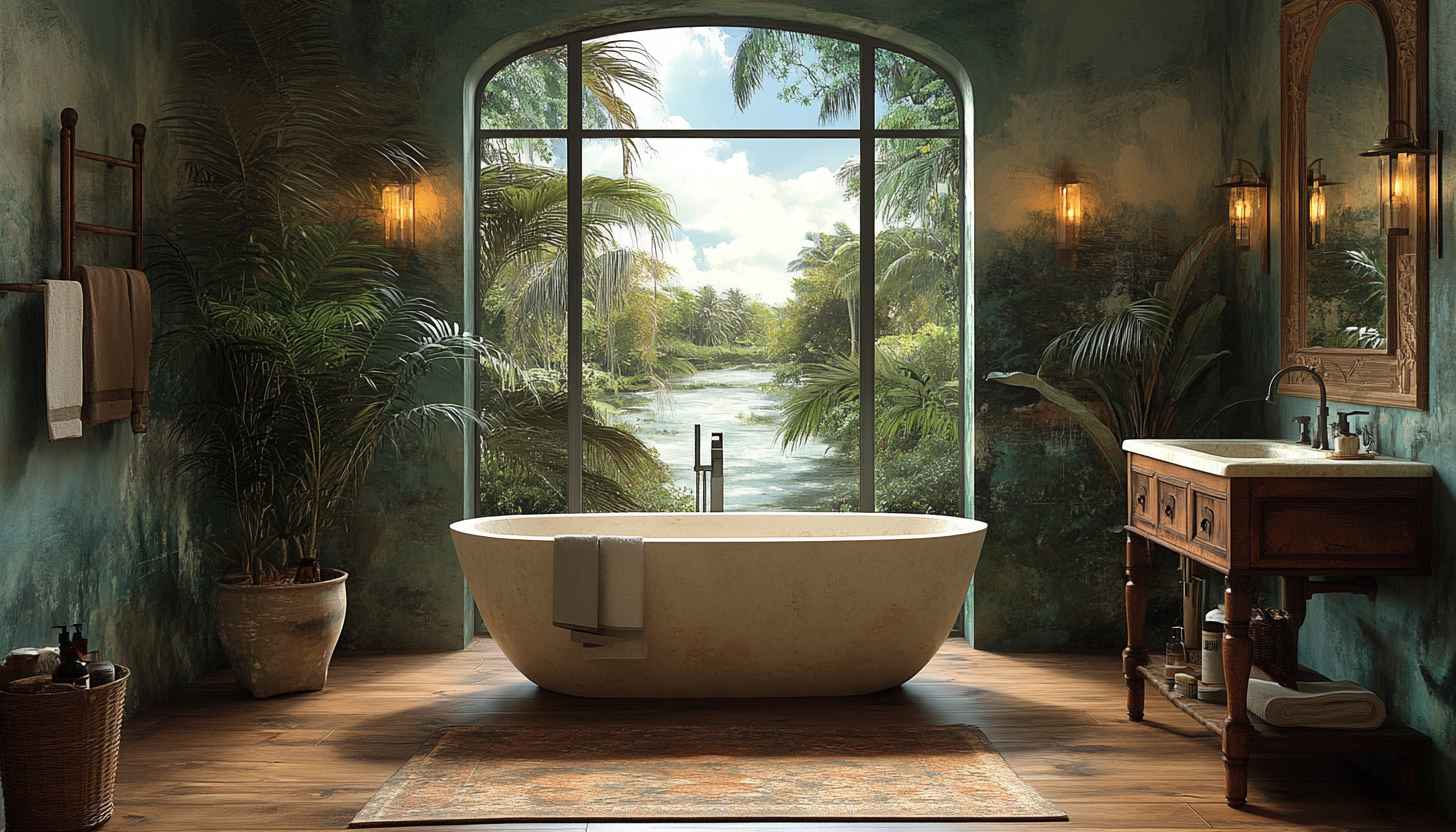 Bathroom Wallpaper: Tropical View, Bathtub, Interior Design, Home Decor