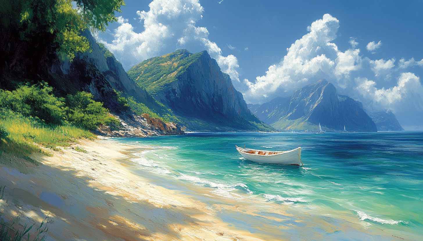 Beach Wallpaper: Tropical Scenery With Boat, Sea, And Mountains