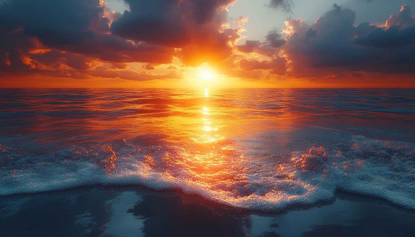 Sunset Ocean Wallpaper: Sea, Sky, Waves, Orange Aesthetic Theme