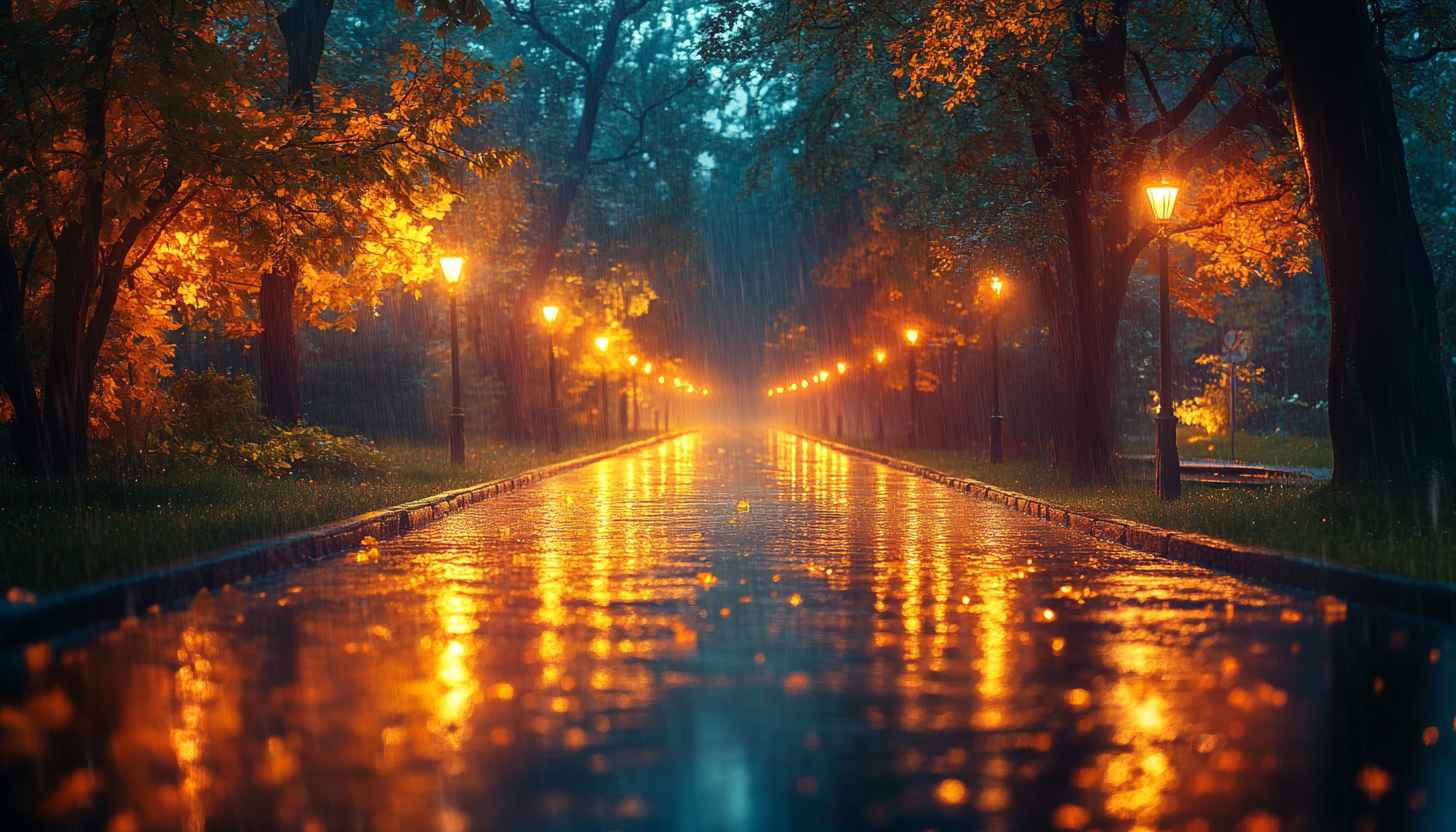 Rainy Night Park Wallpaper: Autumn Reflections, Street Lights, Nature Scenery