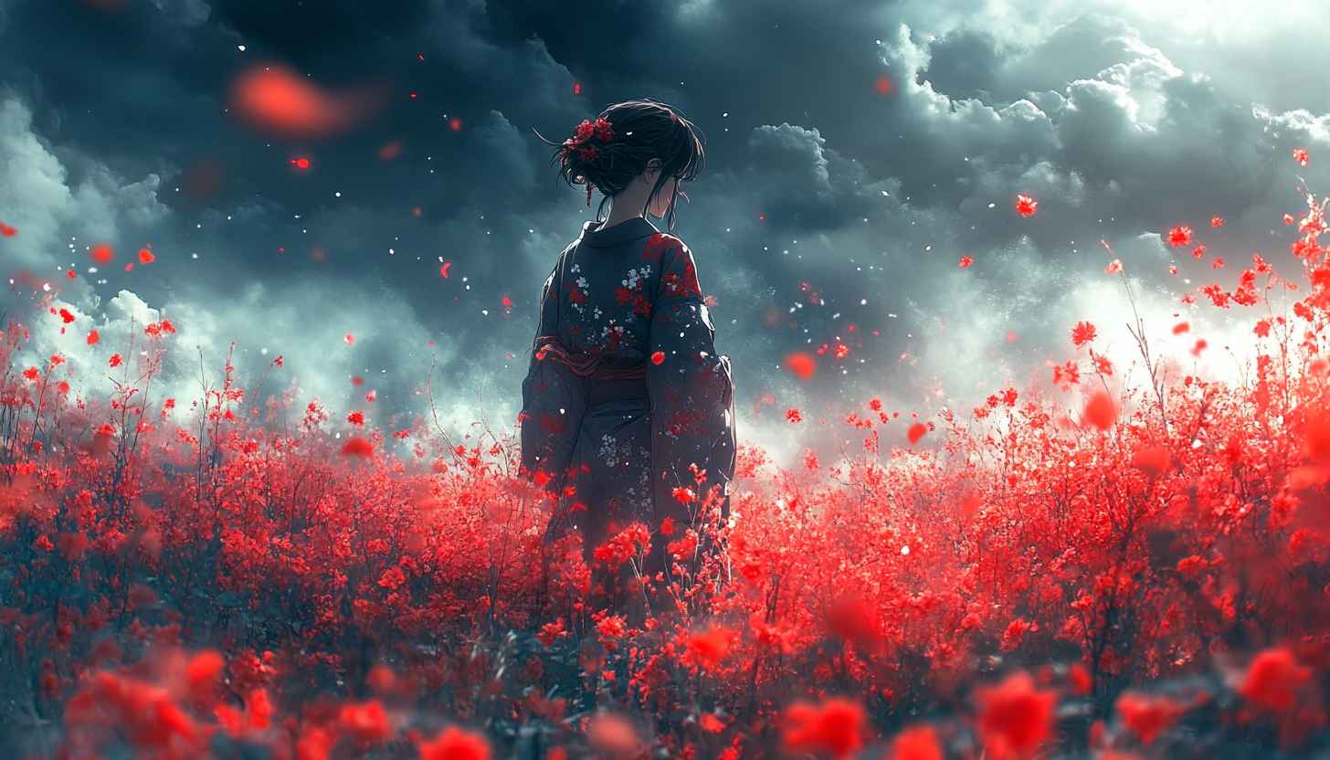 Kimono Anime Girl, Red Flowers, Fantasy Art Wallpaper HD