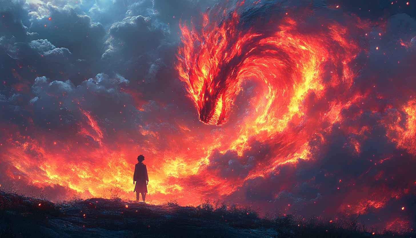 Fiery Dragon Wallpaper, Fantasy Art, Boy and Dragon, Epic Scene
