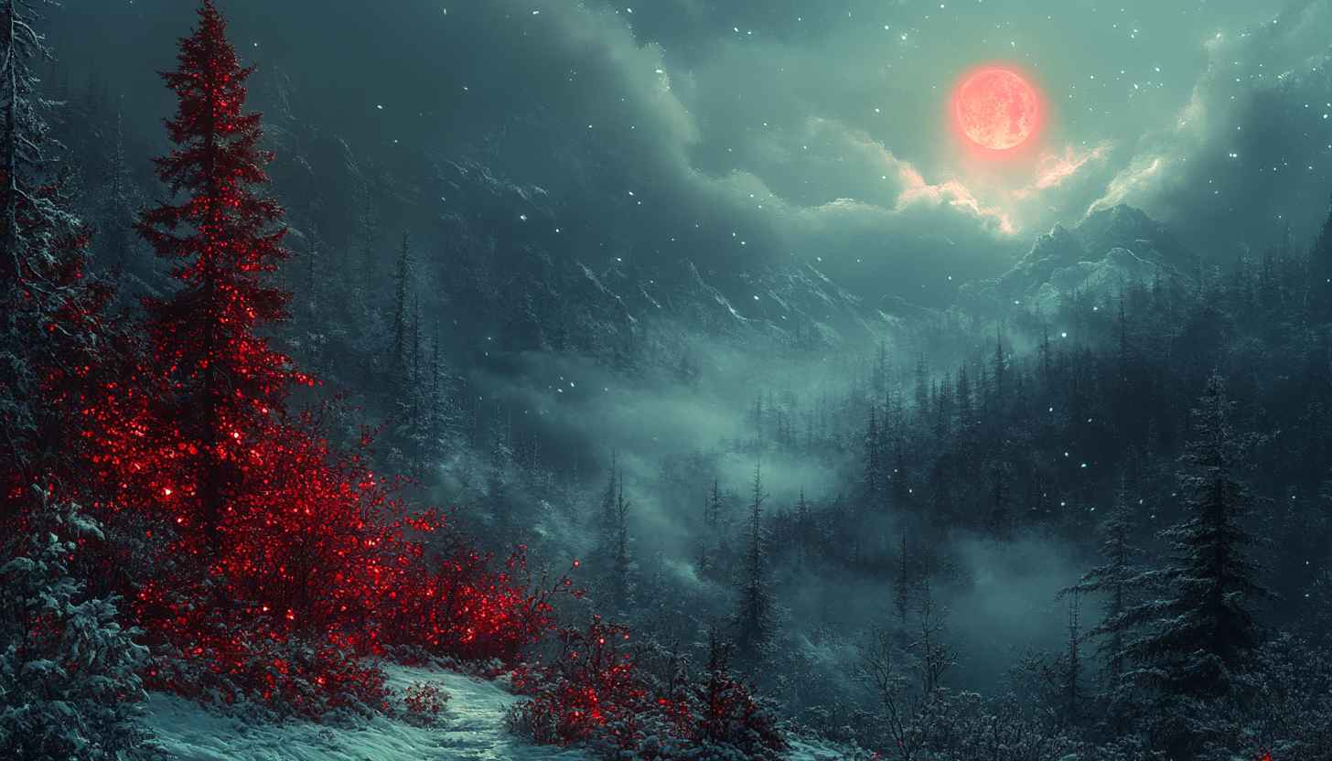 Christmas Tree Wallpaper, Red Moon Winter Scenery, Festive Wallpaper