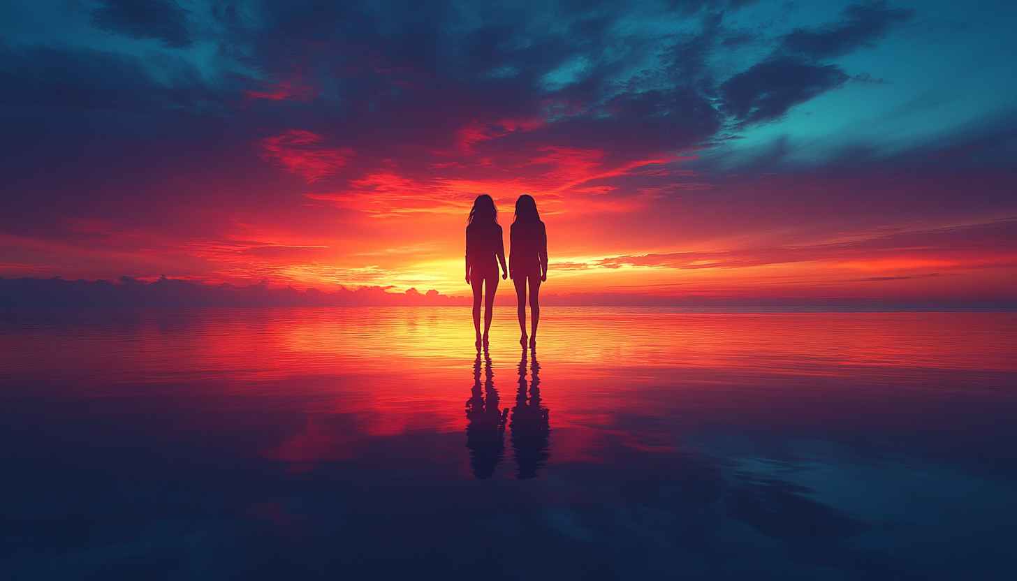 Sunset Seascape Wallpaper: Women Silhouettes Against Colorful Sky