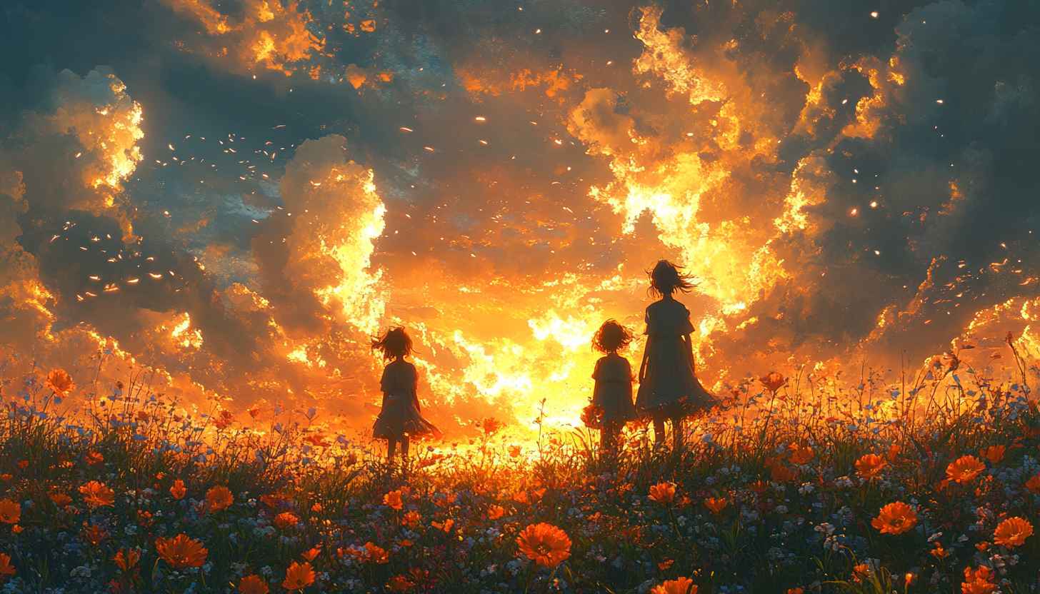Sunset Sky Wallpaper: Girls in Flower Field Aesthetic Scenery