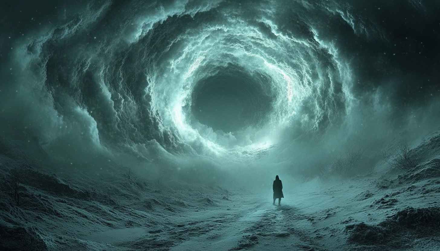 Surreal Sky Wallpaper: Mysterious Figure Under Swirling Clouds Art