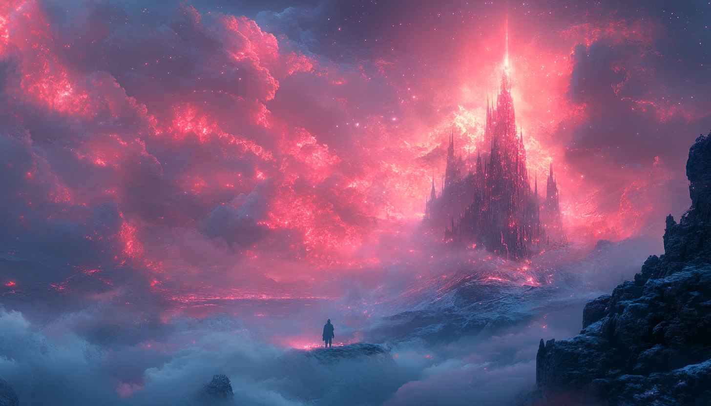 Fantasy Castle Wallpaper: Pink Sky, Epic Landscape Digital Art