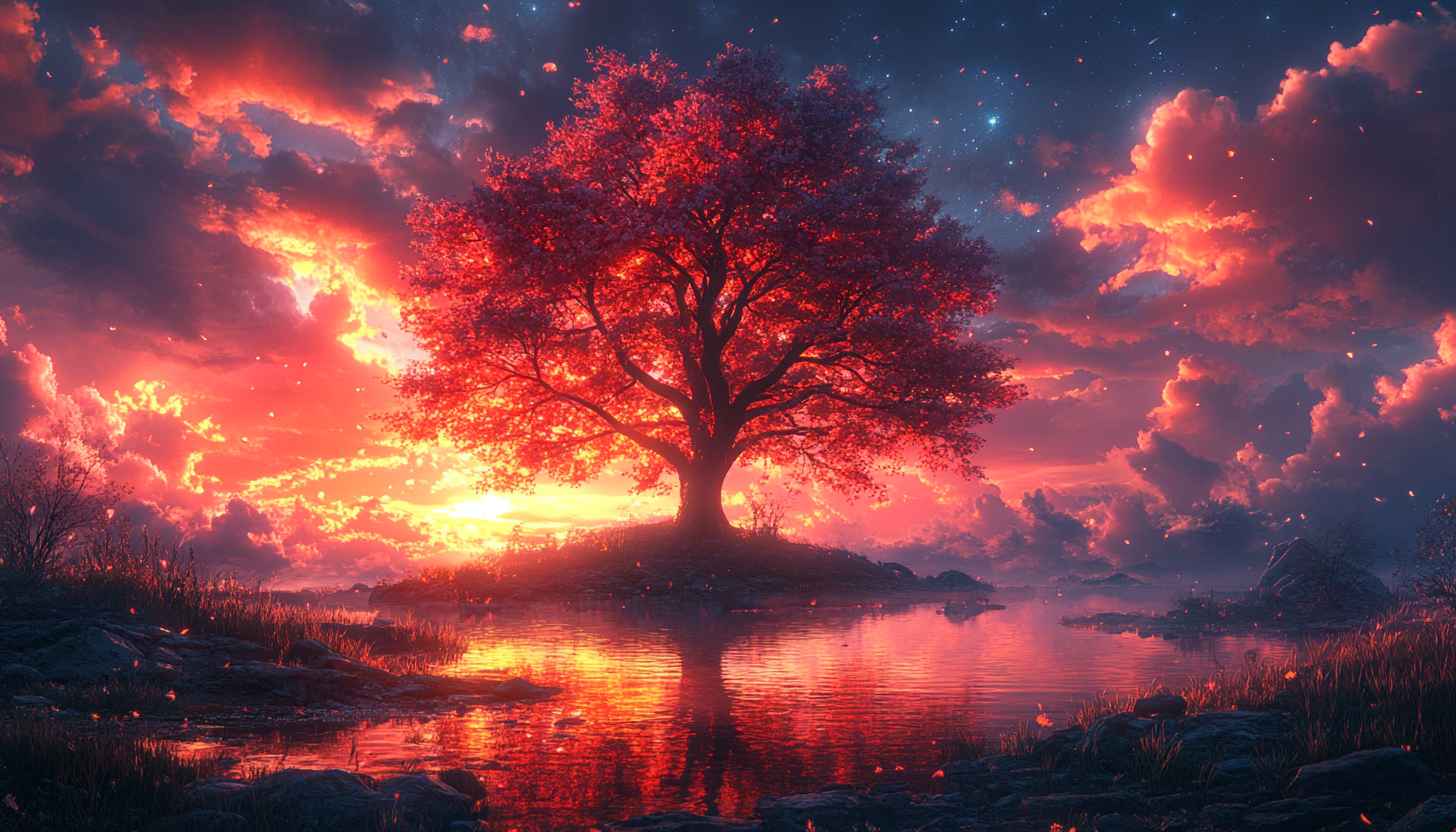 Dreamy Red Tree Wallpaper: Serene Lake at Sunset Sky