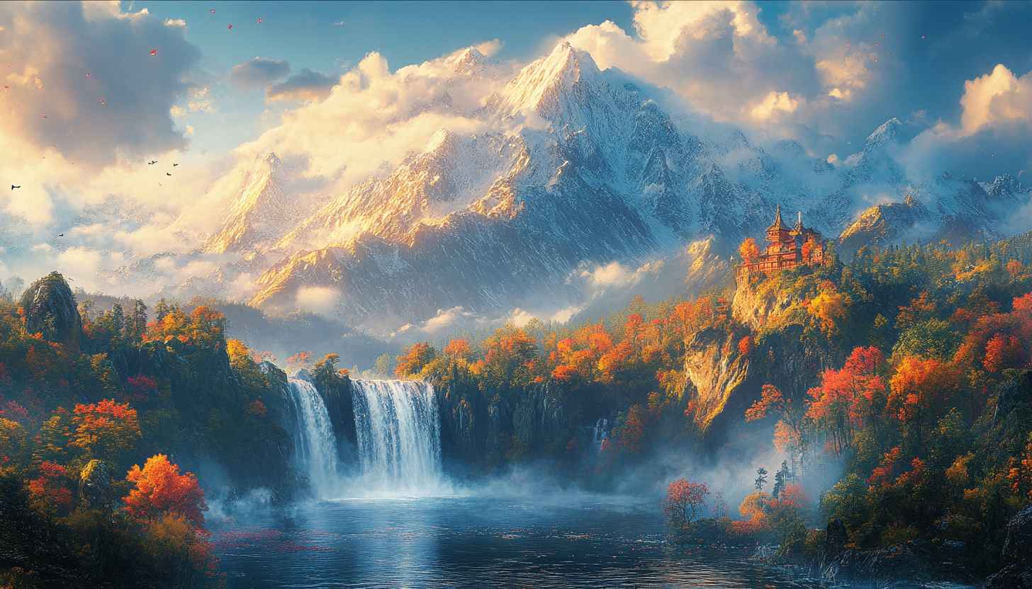 Beautiful Mountain Wallpaper, Waterfall, Autumn Forest, Scenery Art HD