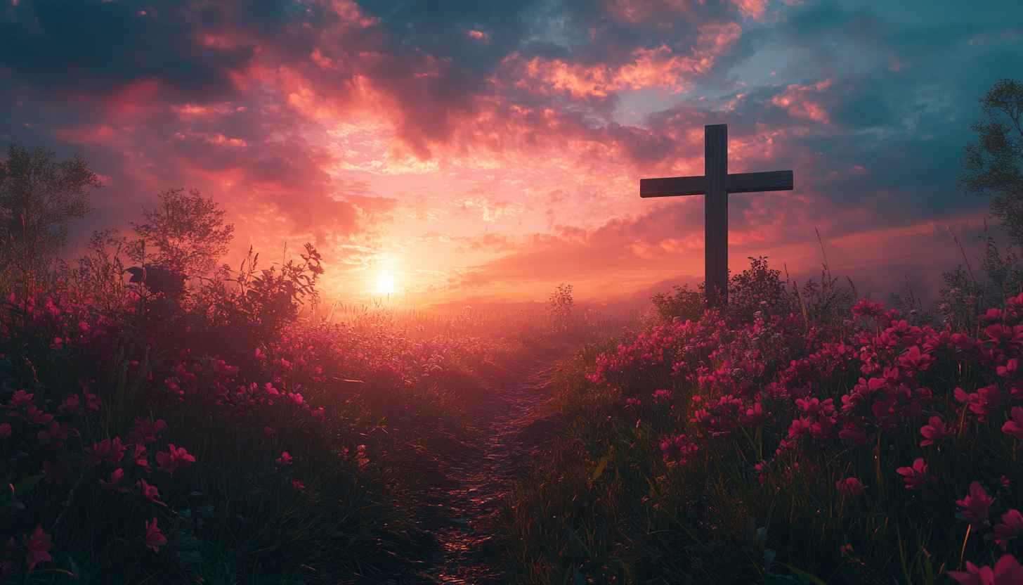 Christian Cross Wallpaper: Sunset, Flowers, Religious Theme