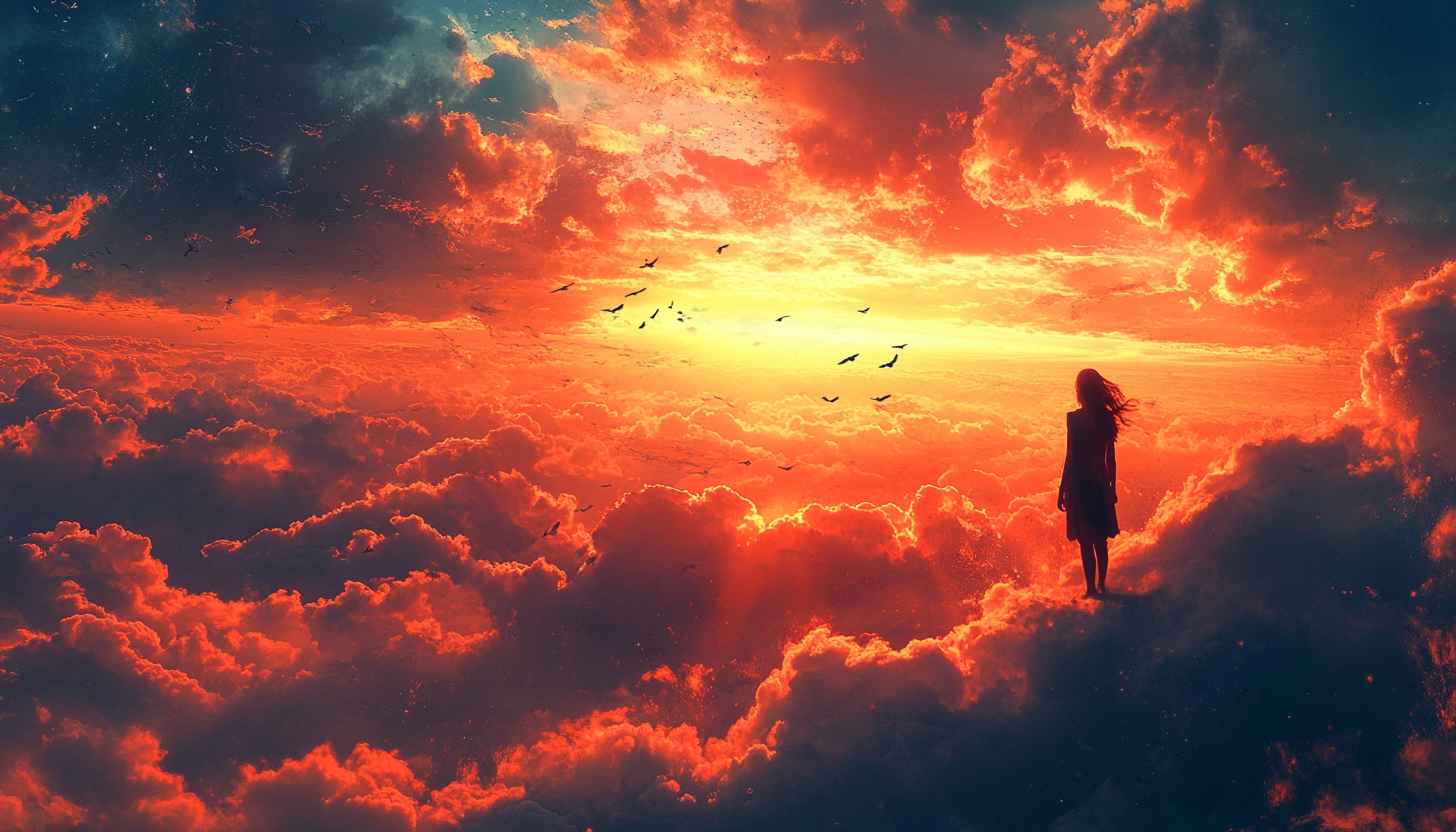 Sunset Clouds Wallpaper: Fantasy Sky, Birds, Girl Silhouette View