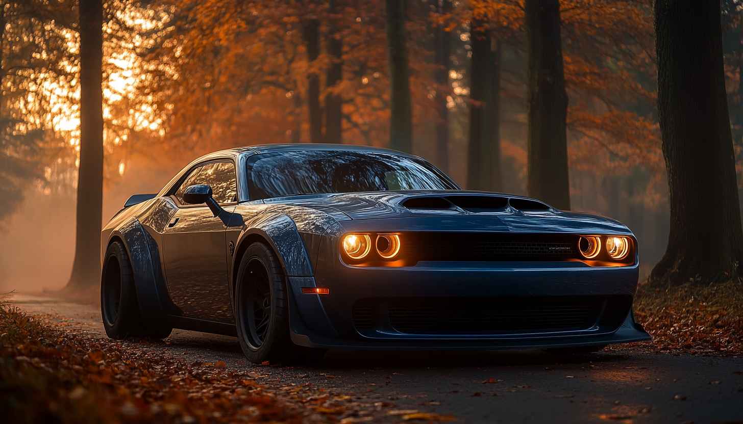 Dodge Challenger Car Wallpaper in Autumn Forest Scenery Wallpaper