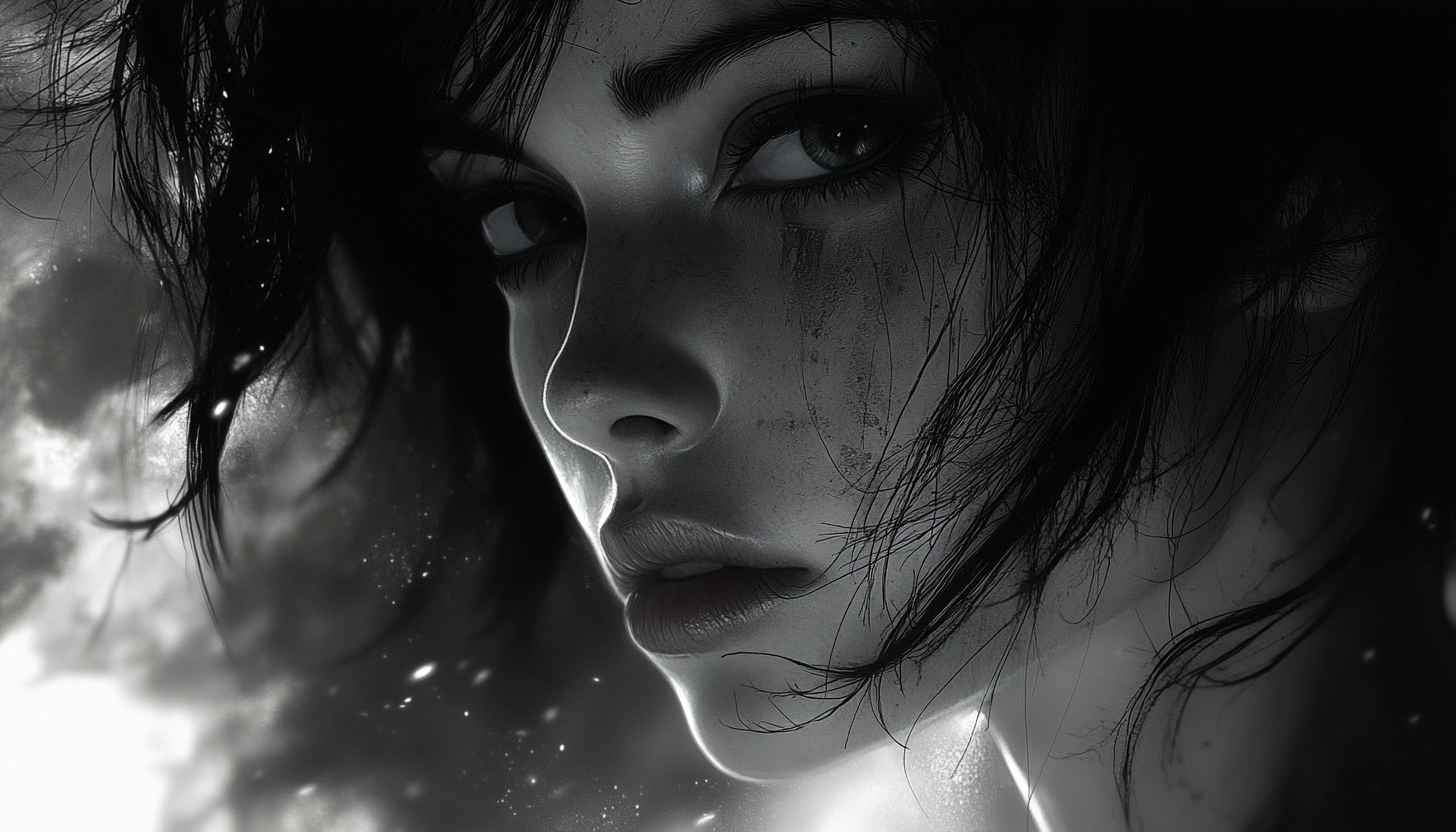 Dark Aesthetic Girl Portrait Wallpaper, Monochrome Character Art, Illustration