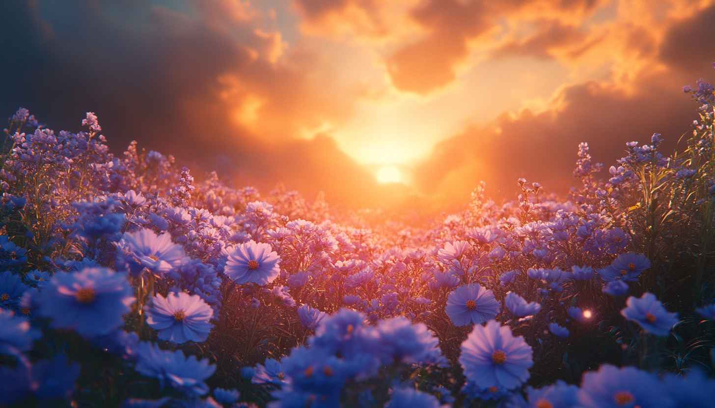 Aesthetic Flower Field Wallpaper, Sunset Sky, Nature Photography