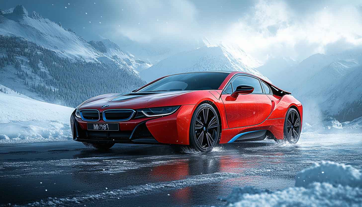 BMW i8 Wallpaper: Red Car in Winter Mountain Scenery