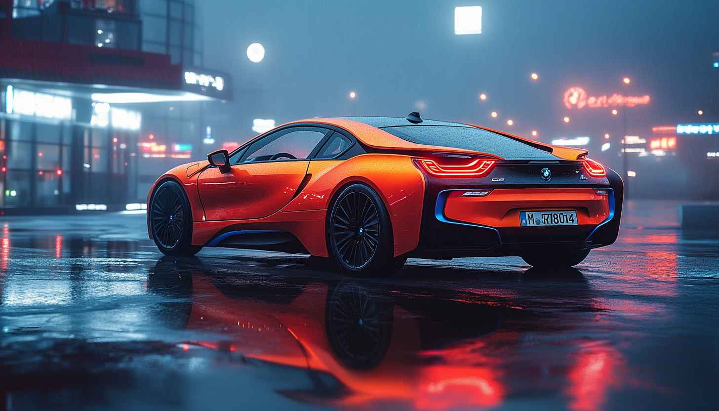 BMW i8 Wallpaper: Orange Sports Car, City Lights Background