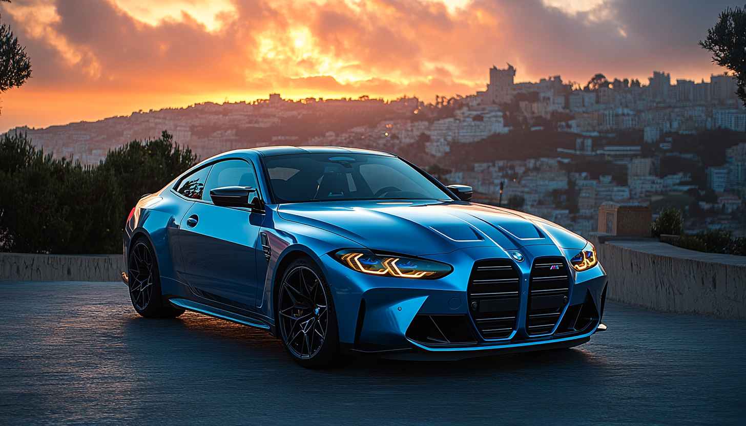 BMW M4 Wallpaper: Blue Car, Sunset Scenery, Automotive Beauty
