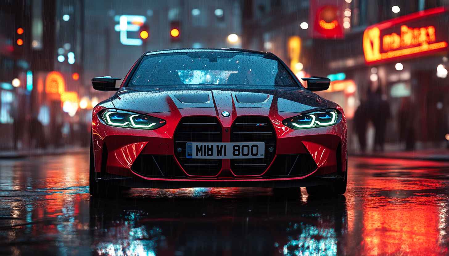 BMW M4 Car Wallpaper: Red Sports Car in Rainy City