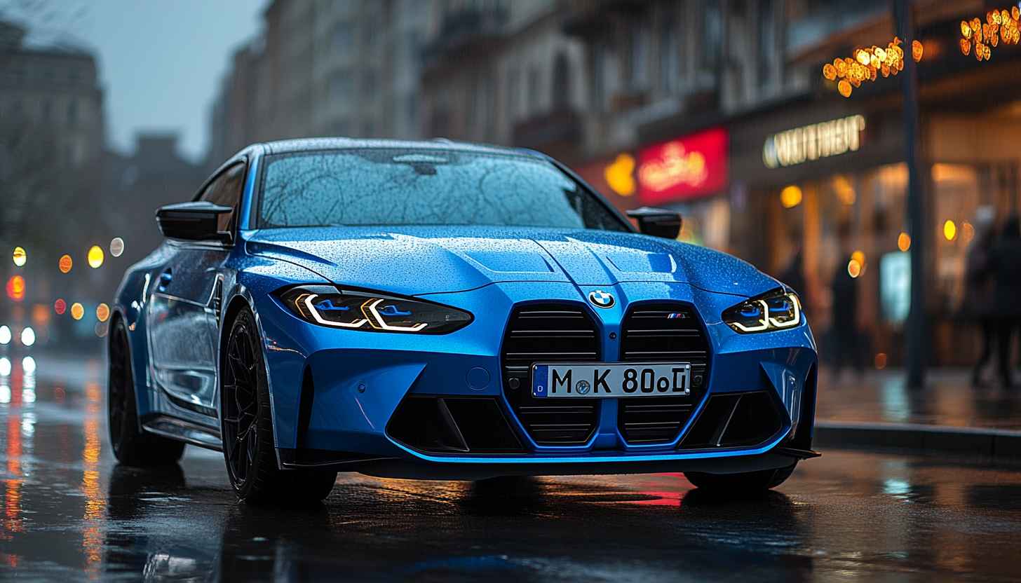 BMW M4 Wallpaper: Blue Car, Cityscape, Wet Road