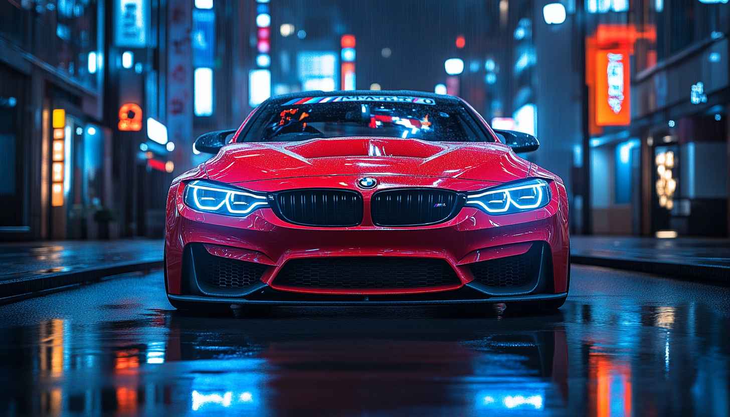 BMW Car Wallpaper: Red M4 in Neon Cityscape at Night