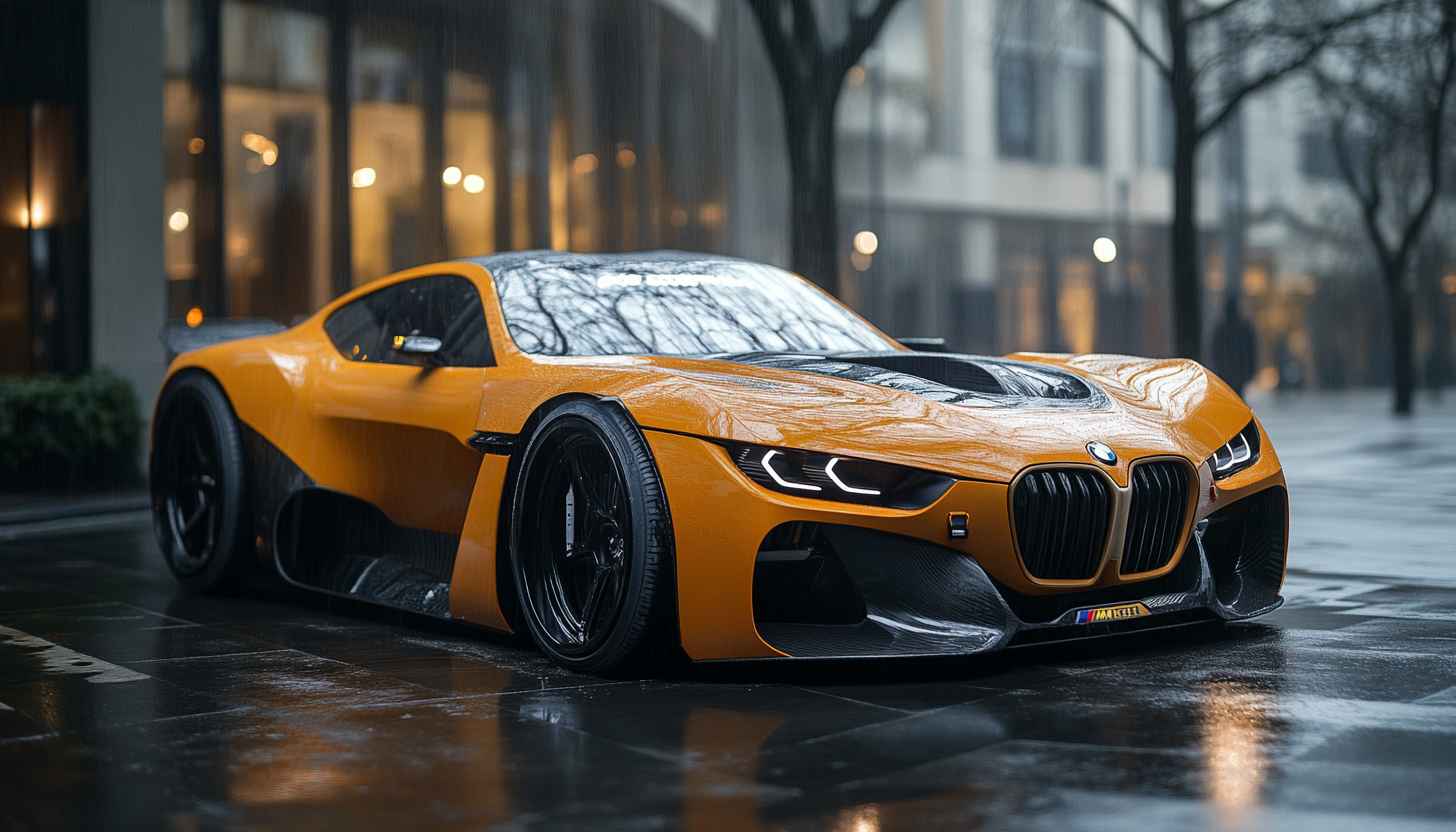 Sleek BMW Sports Car Wallpaper in Rainy Cityscape Setting