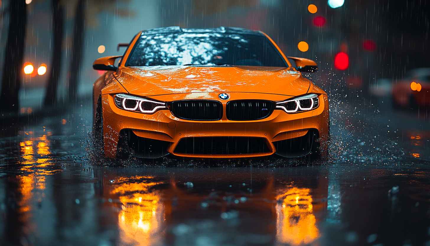 Orange BMW Car Wallpaper in Rain - Automotive Wallpaper