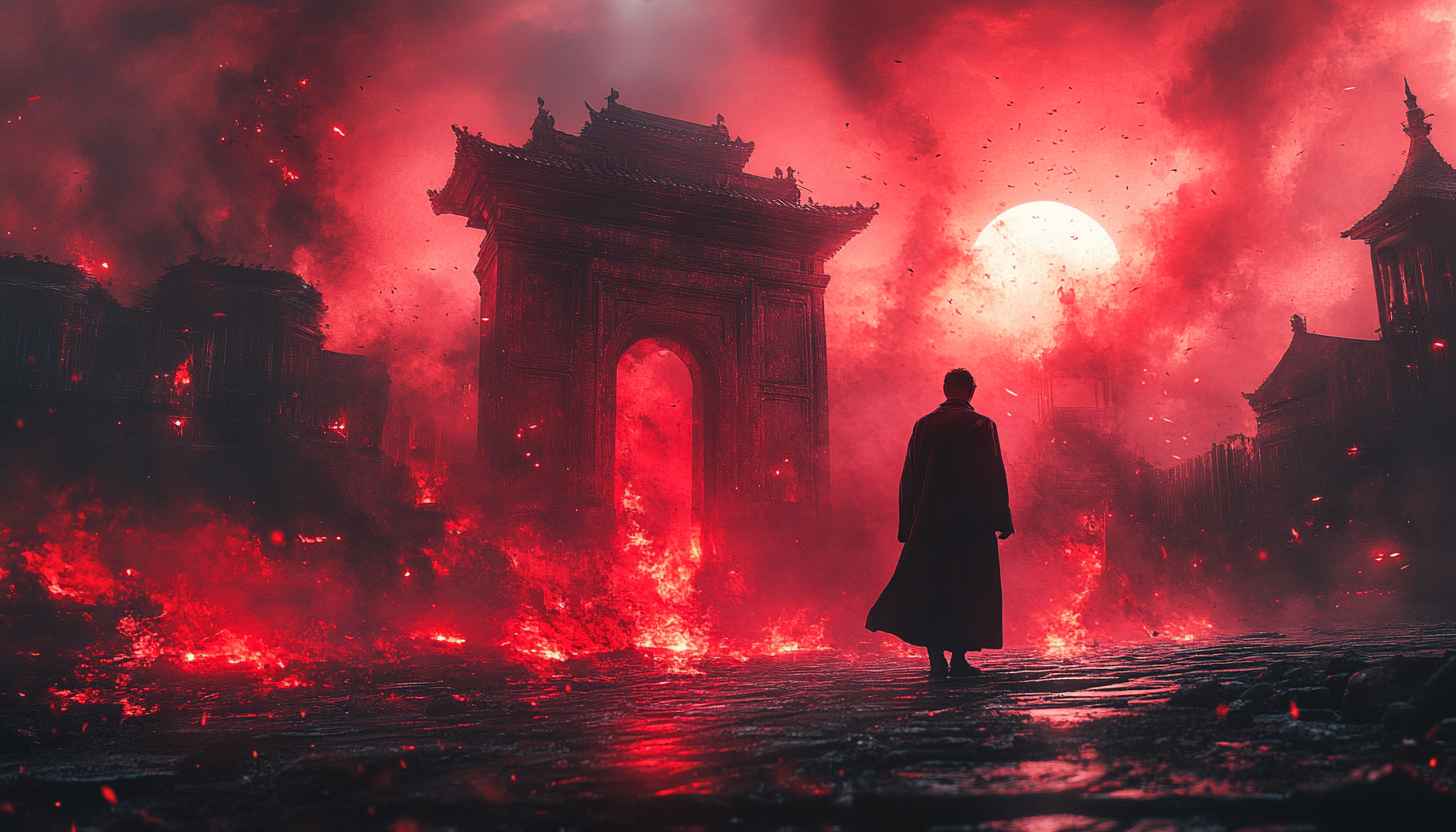 Red Fantasy Warrior Scene Wallpaper, Asian Inspired Digital Art
